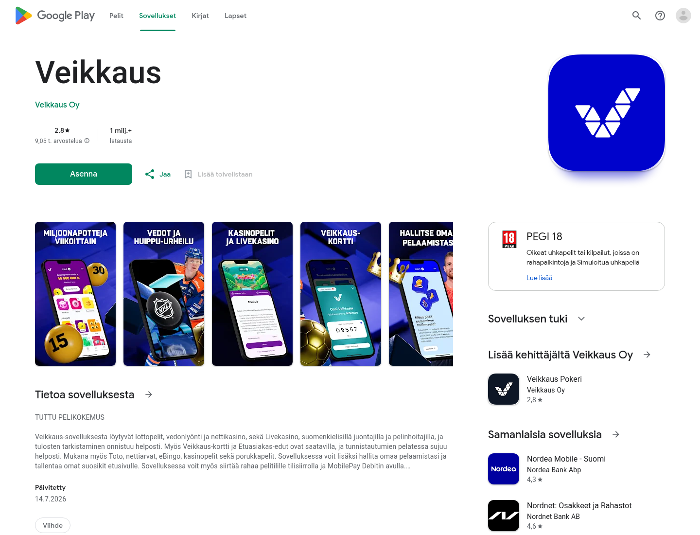 Veikkaus Oy's official Google Play application card 12 August 2026